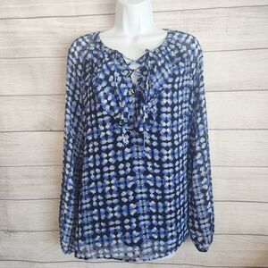 Jones New York M Boho Sheer Lace Up Blouse Blue Ikat Flowy Chic Top